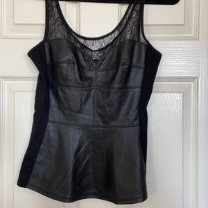 BCBG MAXAZRIA Black faux Leather, and lace, peplum shirt. Size small.